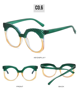 Detailed views of round rhinestone frame glasses in green and brown gradient finish