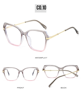 Detailed views of square sunglasses in grey pink gradient with golden metal temples