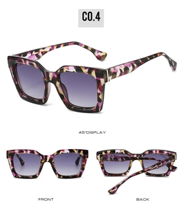 Macro views of retro tortoiseshell square sunglasses in C0.4 purple leopard pattern