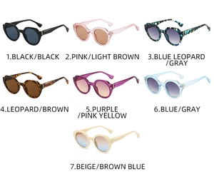 Detailed grid of fashion sunglasses in seven colors with metal hinges and various frames