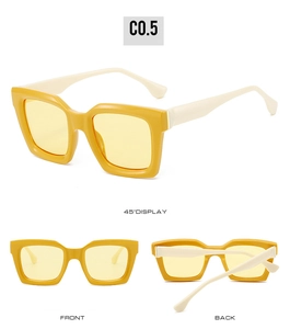 Three perspectives of retro square sunglasses with bright yellow frames and ivory temples
