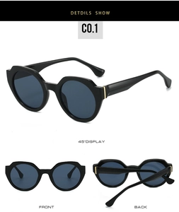 Detail view showing black polygon frame sunglasses with golden metal hinges from multiple angles
