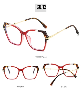 Three-view detail of square tortoiseshell frames with slim gold metal temples for women