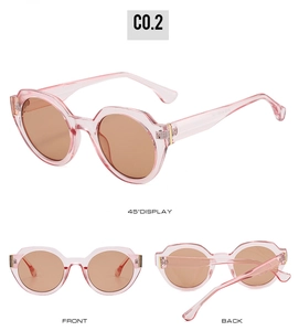 Detailed views of round pink resin sunglasses with tea lenses and golden metal hinges