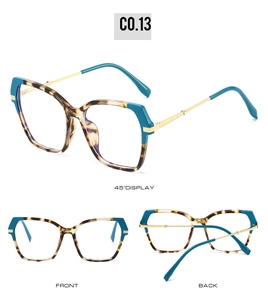Detailed views of square tortoiseshell sunglasses with blue accents and gold metal temples