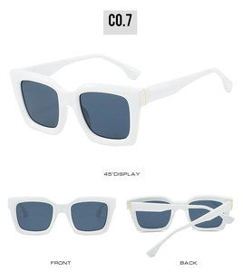 Three perspectives of white thick-frame retro sunglasses with dark blue lenses C0.7