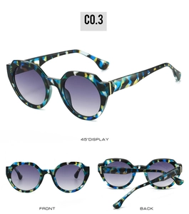 Detailed multi-angle views of round camouflage sunglasses with purple gradient lenses
