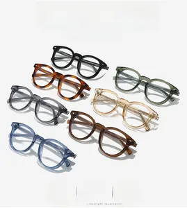 Flat lay of vintage TR90 eyewear frames in seven assorted colors with rivet details