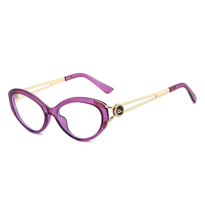 Women's cat-eye glasses frame in purple translucent finish with golden hollow metal temples
