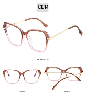 Detailed views of square cat-eye glasses frame with brown gradient and gold metal temples