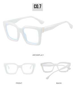 Three perspectives of retro square glasses frames in glossy white with model C0.7 detail
