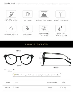 Size chart for TR90 rivet glasses with dimensions 147mm width and UV400 protection