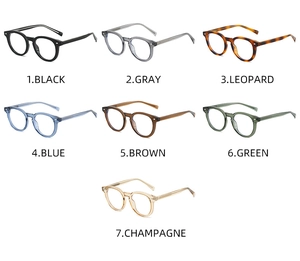 Collection of seven colorful round TR90 eyewear frames showing available style variants