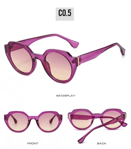 Three-angle view of retro round purple sunglasses with gradient pink yellow lenses