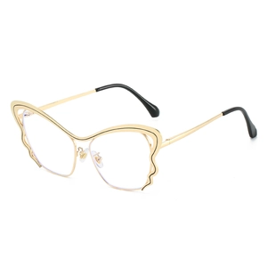 Fashionable butterfly-shaped gold metal frame eyeglasses with blue light blocking lenses