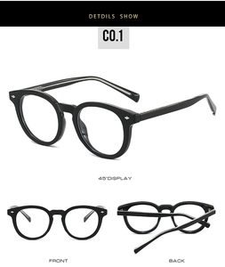 Detailed views of black TR90 glasses frame with silver diamond rivets and classic round rims