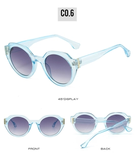 Detailed multi-angle views of light blue round sunglasses with purple gradient lenses