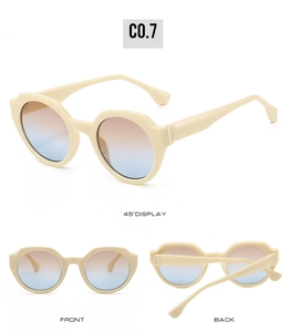 Three views of cream round sunglasses featuring blue and brown gradient lenses