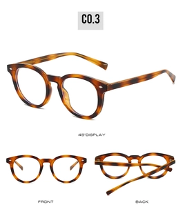Three-angle views of round tortoiseshell frames with rivet details and TR90 material
