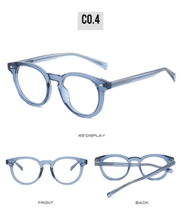 Three-view display of transparent blue TR90 round frame glasses with rivet details