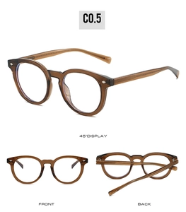 Three-view display of TR90 amber round frames showing front, 45-degree angle, and folded side