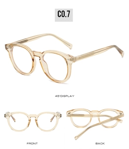 Detailed views of champagne round frame glasses with rivets and TR90 temples