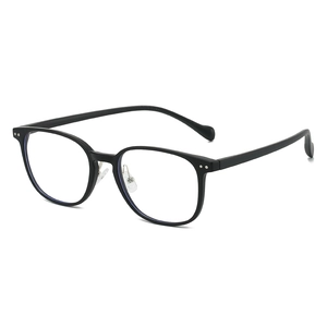 Classic black square anti-blue light glasses with silver rivet accents and ergonomic pads
