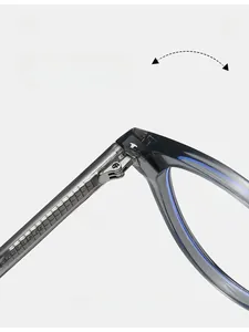 Macro detail of durable metal hinges on transparent grey-blue TR90 glasses frames