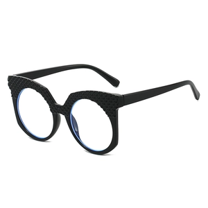 Black cat-eye blue light blocking glasses with textured geometric frames and diamond pattern