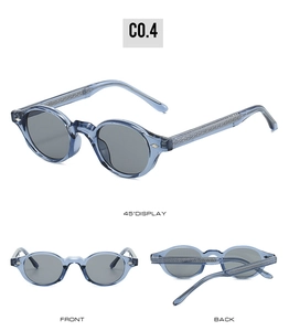 Dettagli degli occhiali da sole TR90 con montatura blu trasparente e stanghette con rilievi
