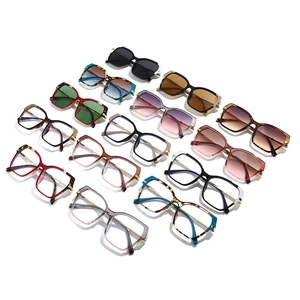 Collection of retro square frame sunglasses and flat glasses in assorted colors on white background