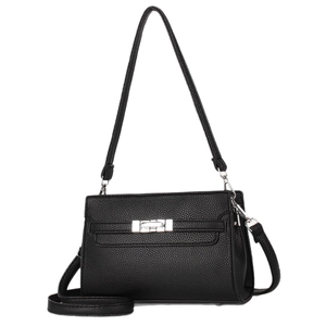 Minimalist black pebble leather satchel bag with silver clasp and crossbody strap