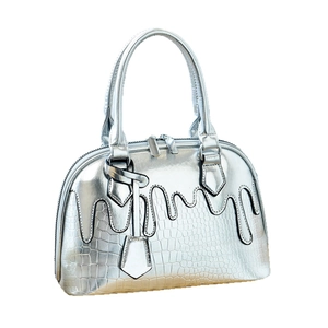 Metallic silver handbag with unique liquid drip design and crocodile pattern texture