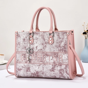 Pink floral embroidery tote bag with shoulder strap and stylish top handles for women