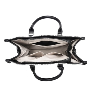Top view of tote bag interior featuring double slip pockets and a secure zipper compartment