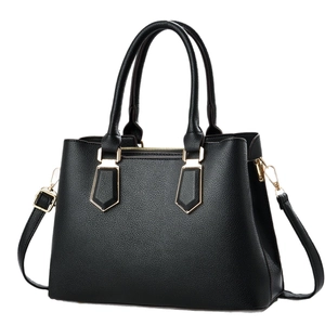 Classic black litchi pattern leather tote bag with gold hardware and shoulder strap