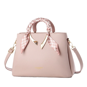 Pink lychee grain leather handbag with decorative scarf handles and golden logo