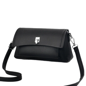 Minimalist black pebble leather crossbody bag with silver metal clasp on white background