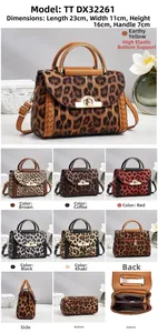 Detailed views of leopard print crossbody bags in six colors with gold hardware