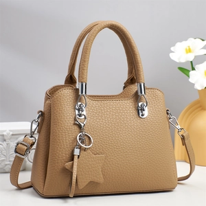 Women Lychee Pattern PU Leather Handbag Large Capacity Tote With Star Pendant Detachable Shoulder Strap Elegant Crossbody Bag