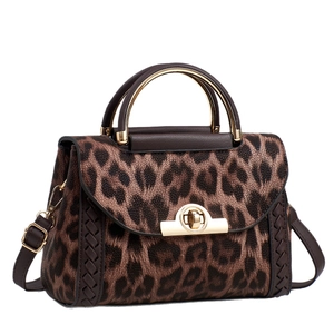 Leopard print crossbody bag with gold hardware and top handle shown from a 45-degree angle