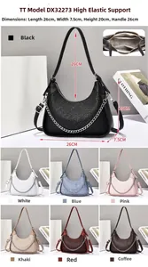 Macro shot showing internal compartments and seven available colors of this stylish shoulder bag