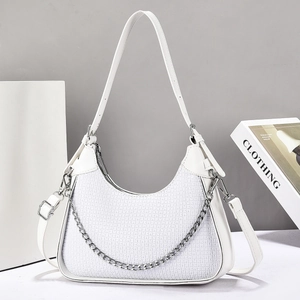 Detail of white hobo bag with textured leather, silver metal chain, and zip closure