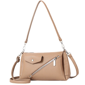 Chic camel faux leather crossbody bag with multiple zip pockets and adjustable strap