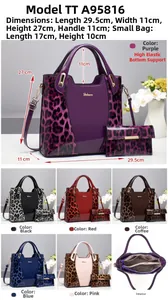 Detailed set of leopard print patent leather tote bag and matching mini zipper pouch