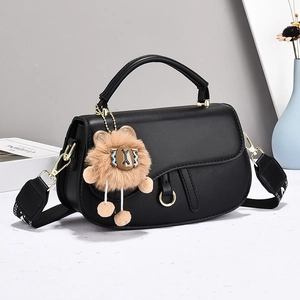 Women Fashion PU Leather Saddle Crossbody Bag With Wide Geometric Embroidered Strap And Metal Ring Plus Plush Charm Decor