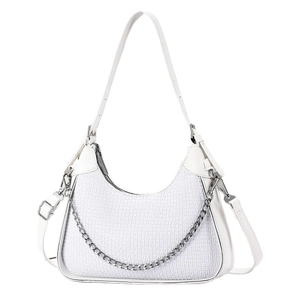 White hobo bag with embossed square texture and silver chain strap for women