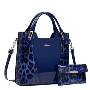 Blue and black leopard print tote bag set with high-gloss finish and a matching wallet
