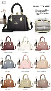 Detailed view of women's tote bag in various colors with metal logo and secure clasp