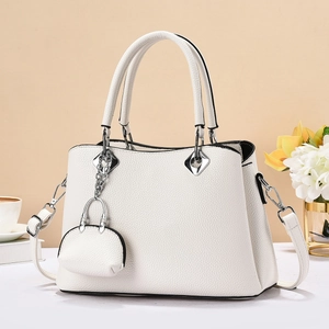 White lychee pattern leather tote bag with small coin purse and silver metal hardware